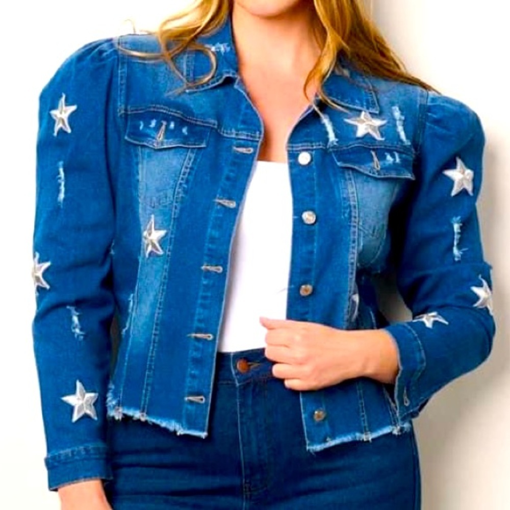 Plus Size 2XL Long Puff Sleeve Stars Embroidered Distressed Denim Jacket - Picture 4 of 11